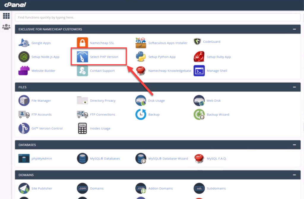  الدخول إلى خيار Select PHP Version من لوحة التحكم cPanel