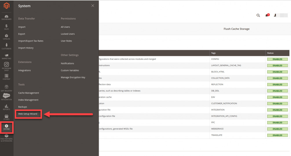 الدخول على Web Setup Wizard من لوحة منصة ماجنتو Magento 