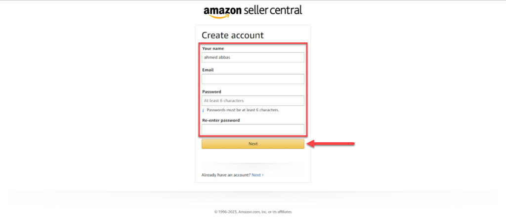 إدخال تفاصيل حساب البائع الجديد على أمازون