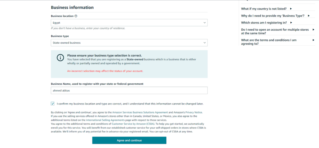 كتابة تفاصيل النشاط التجاري على حساب البائع في أمازون